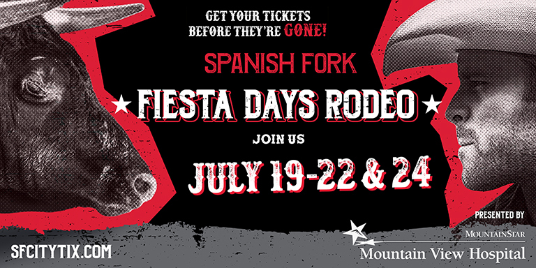 Profile of bull on left side and profile of cowboy on the right side with the following text: Spanish Fork Fiesta Days Rodeo. Join us July 20 - 24..